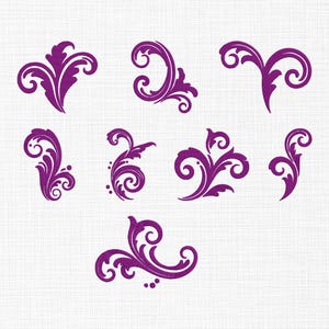 May include: A collection of seven purple ornamental design elements. Each design features swirling lines and floral-like shapes, set against a white textured background. The designs vary in size and complexity, suitable for decorative use.