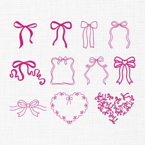 May include: A collection of pink bow illustrations in various styles. The bows are depicted with different ribbon lengths and shapes, including a heart-shaped arrangement and a frame. The designs are outlined on a white background.