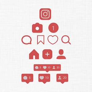 May include: Red Instagram social media icons arranged in a pyramid shape. Icons include the Instagram logo, camera, comment bubble, heart, magnifying glass, home, plus sign, and user profile. Also includes like and comment notifications.