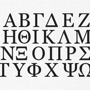 Peut inclure: Alphabet grec noir sur fond blanc. Les lettres, en police serif, sont clairement définies et disposées en lignes. Le fond présente une texture subtile, évoquant un tissu.