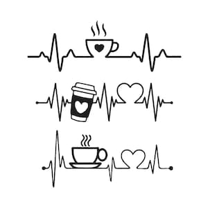 May include: Black and white graphic featuring three heart rate monitor lines. Each line incorporates coffee-related imagery: a steaming coffee cup, a to-go cup, and a coffee cup on a saucer, each with a heart symbol.
