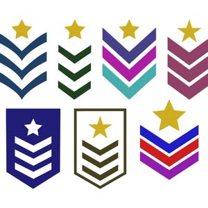 May include: A collection of eight military rank insignia designs. Each design features a gold star at the top, with chevron or bar patterns in various colors, including blue, green, purple, and red. The designs are set against a white background.