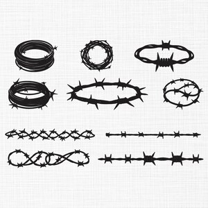 May include: Black barbed wire designs in various shapes, including coils, circles, and oval forms. The image features several illustrations of barbed wire, showcasing different arrangements and styles. The designs are set against a white background.