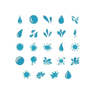 May include: A collection of teal water droplet and splash illustrations in various shapes and sizes. The designs include teardrops, circular droplets, and stylized splashes, all with a white highlight, set against a white background.