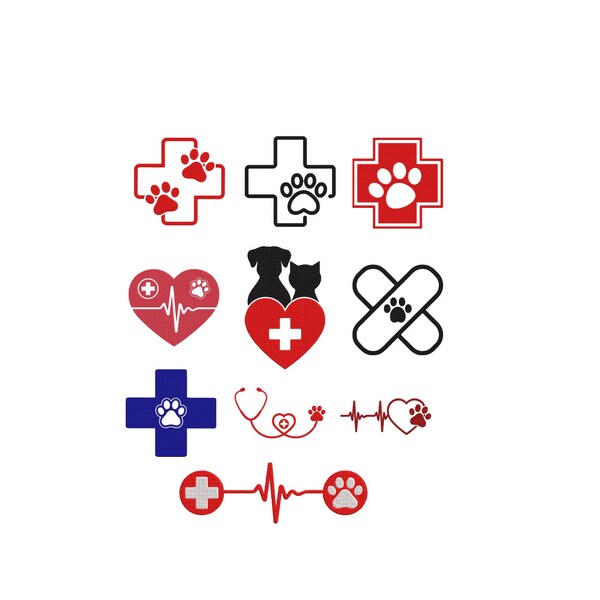 Veterinary Themed Bundle Embroidery, Paw Prints Combined with Medical Crosses and Heart Shapes Files, Clinics or Pet Hospitals Files,6 Sizes