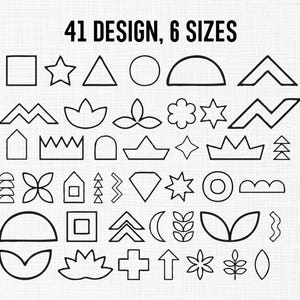 May include: Black and white graphic featuring 41 unique designs in various shapes, including squares, stars, triangles, circles, and floral motifs. The text at the top reads "41 DESIGN, 6 SIZES". The designs are outlined with a thick black stroke.