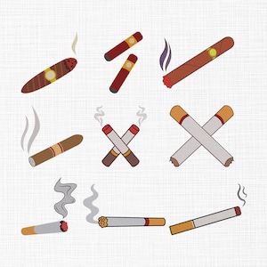 May include: Illustration of various cigars and cigarettes, some with smoke rising. The cigars are brown with yellow and red accents. The cigarettes are white with orange and red tips. The image is on a white background.