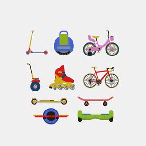 May include: A collection of colorful illustrations of various modes of transportation. Includes a scooter, a one-wheel electric unicycle, a pink bicycle, a push scooter, a roller skate, a red bicycle, a skateboard, a one-wheel electric skateboard, and a green hoverboard.
