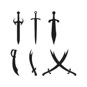 Puede incluir: Ilustraciones de siluetas negras de seis espadas diferentes. Las espadas varían en diseño, incluyendo hojas rectas y curvas, con diferentes estilos de empuñaduras y guardas. La imagen está sobre un fondo blanco.