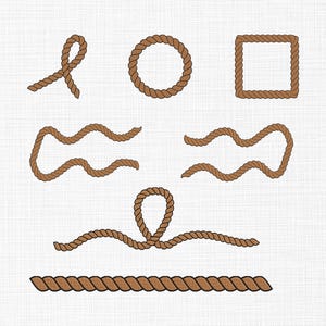 May include: A collection of brown rope illustrations in various shapes, including a circle, square, and wavy lines. The rope designs are set against a textured, off-white background, suitable for nautical or craft projects.