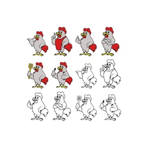 May include: A collection of cartoon chicken illustrations in various poses. Some chickens are colored with gray bodies, red combs, and tail feathers, while others are outlined in black and white. Some hold tools like a spatula or pen.