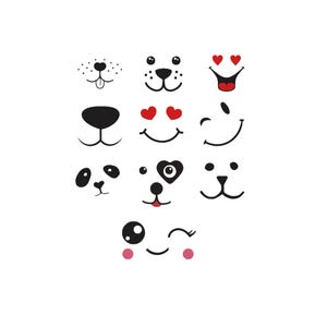 May include: A collection of ten distinct black and white graphic animal face icons arranged in a grid. The designs feature various expressions including hearts for eyes, winking faces, panda features, and simple animal noses with mouths.