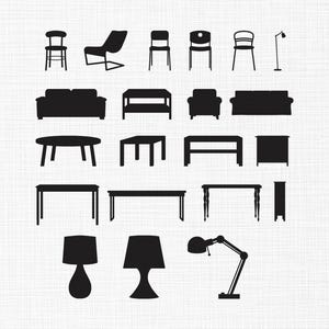 May include: A collection of black furniture silhouettes, including chairs, sofas, tables, and lamps. The image showcases various furniture designs, from a simple stool to a modern adjustable desk lamp, all in a minimalist style.