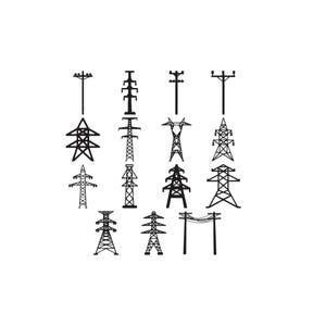 May include: A collection of fourteen black silhouette icons depicting various electrical utility structures, including wooden utility poles, metal lattice transmission towers, and H-frame power line supports arranged in a grid pattern.