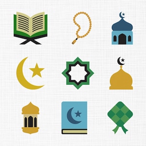 Puede incluir: Una colección de ilustraciones vectoriales con símbolos islámicos. Incluye un libro abierto sobre un soporte, cuentas de oración, mezquitas, lunas crecientes con estrellas, una estrella de ocho puntas, una linterna, un libro con una luna creciente y una estrella y un adorno en forma de diamante.