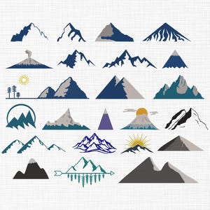 May include: A collection of stylized mountain illustrations in various shapes and colors, including blue, gray, and teal. Some designs feature suns, trees, and volcanic elements, perfect for outdoor-themed projects.
