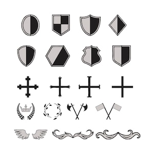 May include: A collection of heraldic symbols and design elements in black and gray, including shields, crosses, crowns, axes, flags, wings, and decorative flourishes. The designs are simple and graphic, suitable for various applications.