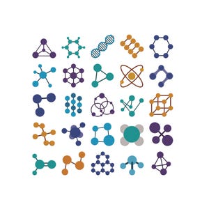 May include: A collection of twenty-five distinct molecular structure icons arranged in a five-by-five grid. The icons feature various geometric shapes, including hexagons, cubes, and interconnected spheres in shades of blue, teal, purple, and orange.