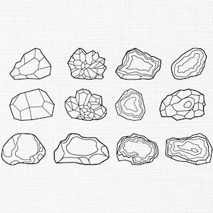 May include: A collection of twelve black and white line art illustrations of various rock formations, including geodes and crystals. The designs feature geometric shapes and layered patterns, suitable for digital art or craft projects.