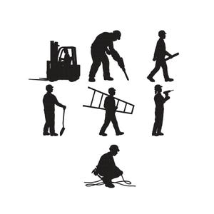 May include: Black silhouettes of construction workers in various poses. The image shows a forklift, a worker with a jackhammer, a person carrying a ladder, and others using tools.