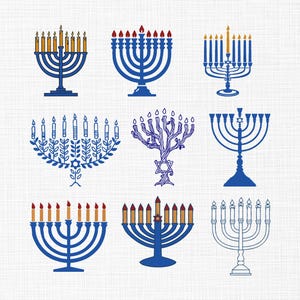 May include: Nine illustrations of blue menorahs with lit candles in various designs. The candles are yellow and red. The menorahs are on a white background.