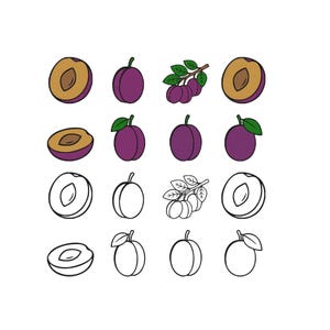 May include: A collection of plum illustrations. The image features whole plums, halved plums, and plum branches with leaves. The plums are depicted in color and in black and white line art, showcasing the fruit's details.