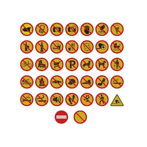 Puede incluir: Una colección de señales de prohibición circulares con bordes rojos y fondos amarillos, que muestran iconos negros de diversas actividades restringidas como prohibido fotografiar, fumar, mascotas y acceso.