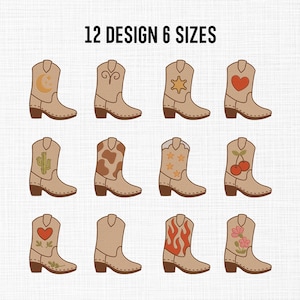 May include: An illustration featuring twelve different designs of cowboy boots in six sizes. Each boot is a light brown color with various designs, including a moon, a star, a heart, a cactus, and flames. The text "12 DESIGN 6 SIZES" is at the top.