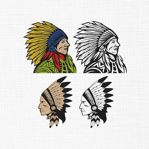 May include: Four illustrations of Native American chiefs in profile. Two are in color, featuring yellow, blue, red, and green. The other two are black and white, with detailed headdresses. The images are on a white background.