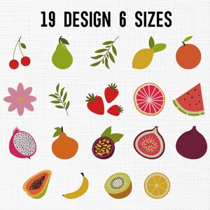 Broderidesign med fruktpaket, broderidesign med frukter, sommarbroderifiler, mini 19 maskinbroderidesignfiler med frukter, 6 storlekar