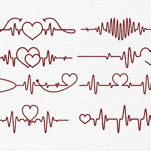 May include: A collection of burgundy-colored heart and heartbeat line art designs. The designs include heart shapes, electrocardiogram-style lines, and a stethoscope. The images are on a white textured background.