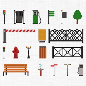 May include: A collection of vector illustrations of urban elements, including a traffic light, trash can, gas pump, street signs, tree, barrier, fence, fire hydrant, street lamp, bench, fountain, and more. The elements are in various colors.