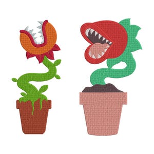 May include: Two embroidered images of carnivorous plants in pots. One plant has an orange head with white teeth and a red outline, the other has a red head with white teeth. Both have green stems and are in brown pots.