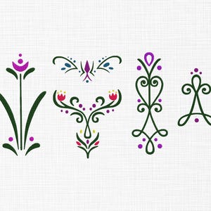 May include: Five stylized floral designs in green, purple, and red on a white background. The designs include a tall flower, a curved design, a symmetrical design, a vertical design, and a stylized letter A.