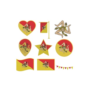 May include: A collection of embroidered patches featuring the Sicilian Trinacria symbol on red and yellow backgrounds. Shapes include a heart, a flag on a pole, a star, a circle, a teardrop, a wavy rectangle, a standard rectangle, and a bunting banner.