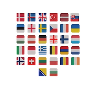 Pode incluir: Uma coleção de 30 bandeiras quadradas de vários países, incluindo o Reino Unido, França e Alemanha. Cada bandeira é exibida em um fundo branco, mostrando uma variedade de cores e designs.