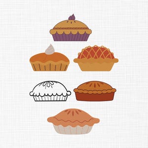 Può includere: Sei illustrazioni di torte in vari stili. Le torte sono in tonalità di marrone, arancione e viola, con dettagli come croste a griglia e panna montata. I disegni variano da semplici contorni a versioni a colori.