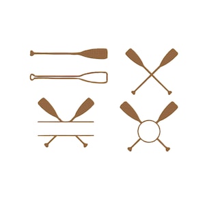 May include: Brown oar designs on a white background. The image features various arrangements of oars, including crossed pairs, single oars, and designs with a circular element. The oars have a textured appearance.