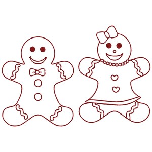 May include: Two gingerbread cookie outlines, one with a bow tie and buttons, the other with a bow, necklace, and heart-shaped buttons. Both have smiling faces and decorative edges, ideal for festive crafts.