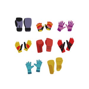May include: A collection of various gloves in different styles and colors. Includes boxing gloves, fingerless gloves, and mittens. Colors include black, purple, red, yellow, and blue. The gloves are arranged on a white background.