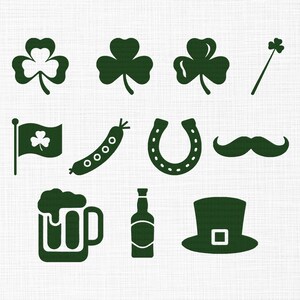 May include: A collection of dark green St. Patrick's Day themed icons. The icons include shamrocks, a flag with a shamrock, a sausage, a horseshoe, a mustache, a beer mug, a bottle, and a leprechaun hat.