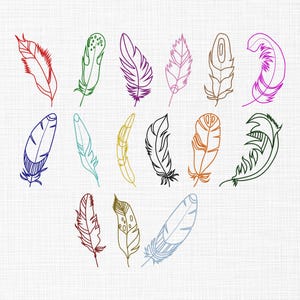 May include: A selection of colourful feather illustrations in various designs. The feathers are outlined in red, green, purple, pink, brown, and other colours. The image is on a white background.