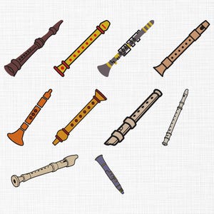 May include: Nine cartoon woodwind instruments, including clarinets and flutes, in various colours such as brown, yellow, orange, and purple. The instruments are arranged diagonally on a white background.