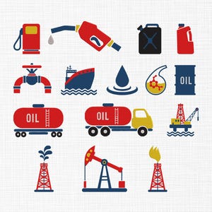 May include: A collection of colorful illustrations related to the oil industry. The images include a gas pump, fuel nozzle, oil drums, tanker truck, oil rig, and an oil derrick. The color palette consists of red, blue, yellow, and black.