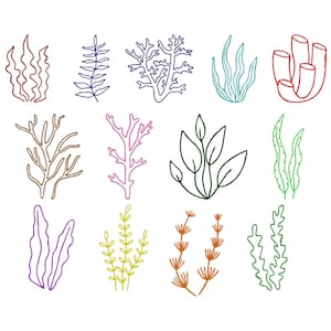 May include: A collection of twelve line art illustrations of various sea plants and coral. The illustrations are in a variety of colors, including red, blue, brown, pink, green, yellow, and purple, set against a white background. The designs are simple and stylized.