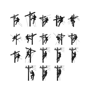 Op de afbeelding: Een verzameling zwarte silhouet illustraties van elektriciens die op houten elektriciteitspalen klimmen. Elke afbeelding toont een andere pose en hoek van de werker, met elektriciteitsdraden die zich uitstrekken vanaf de palen.