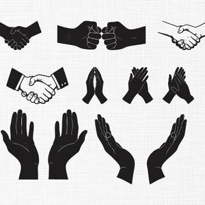Peut inclure: Plusieurs illustrations en noir et blanc de mains. L'image présente divers gestes de mains, tels que des poignées de main, des poings serrés et des paumes ouvertes. Les illustrations sont simples et graphiques, adaptées à la conception ou à un usage symbolique.