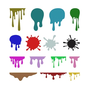 May include: A collection of colorful paint drips and splatters in various shapes and sizes. The image features drips in olive green, teal, blue, and green, along with splatters in red, light gray, and black. Additional drips are in pink, purple, green, and yellow.