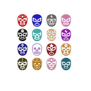 May include: A grid of sixteen colorful lucha libre wrestling masks arranged in four rows and four columns. Each mask features distinct facial designs, including stars, skulls, crosses, and lightning bolts, rendered in various solid colors like red, blue, pink, and gold.