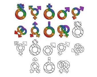 Diseño de bordado de símbolos de género, bordado del orgullo LGBTQ, bordado de patrones de arcoíris, archivos para máquina de bordar de contornos de signos masculinos y femeninos, 6 tamaños.